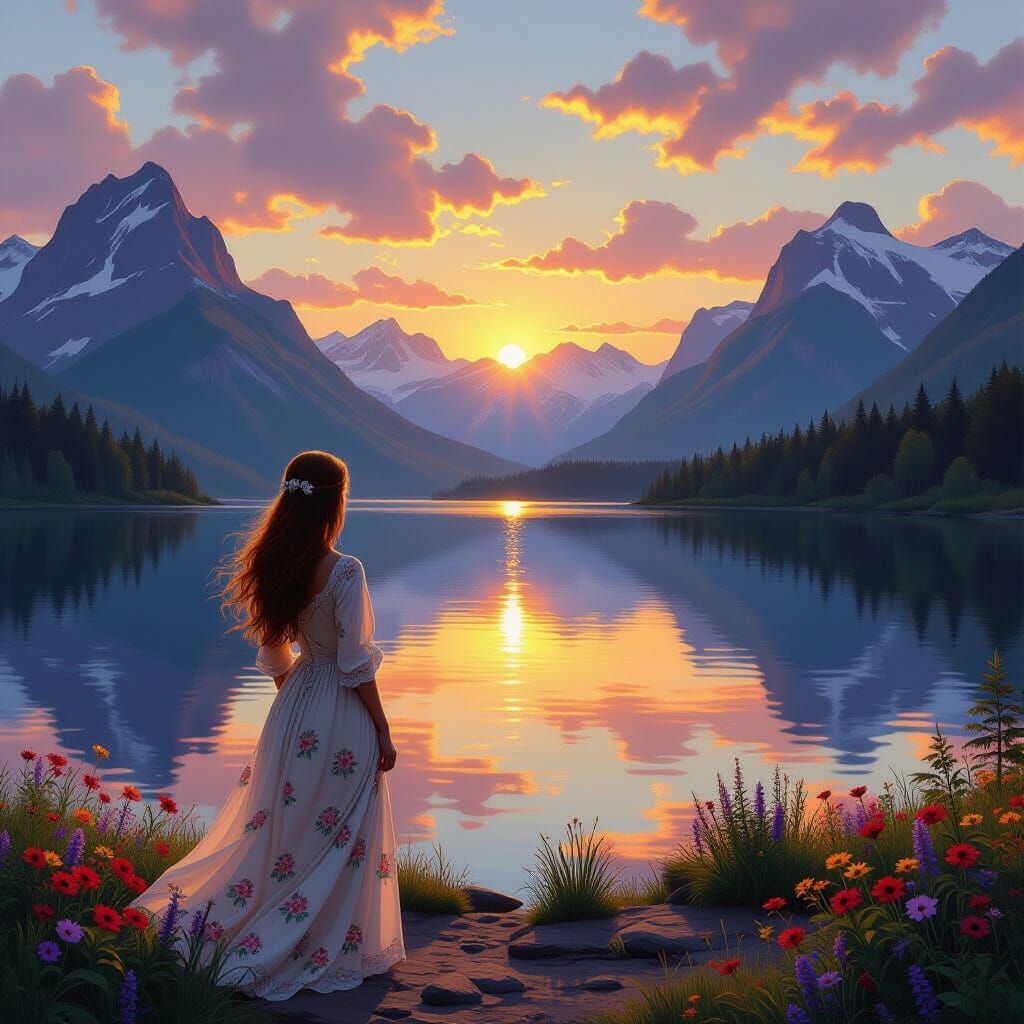 Sunset Lake Reflection: Bierstadt and Waterhouse Style