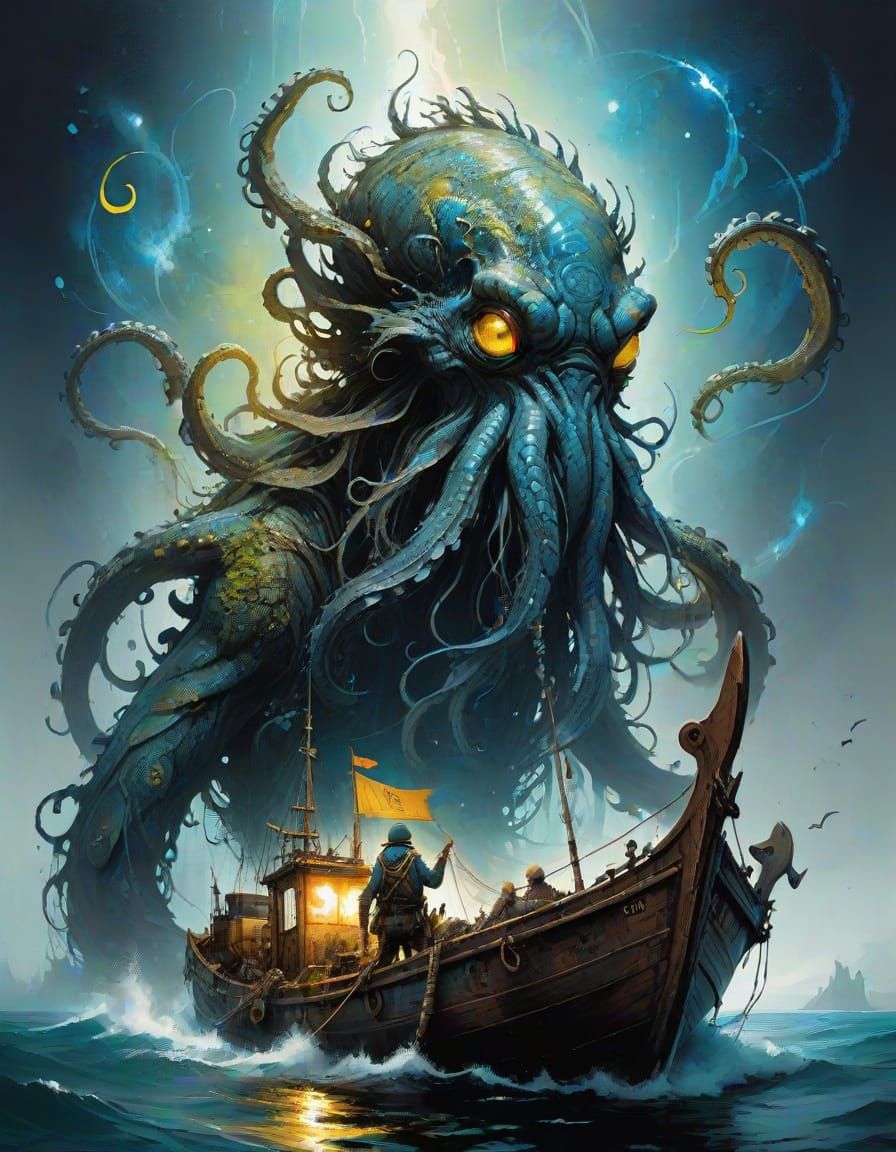 Legendary Kraken Battles Fishermen in Cosmic Dark Fantasy