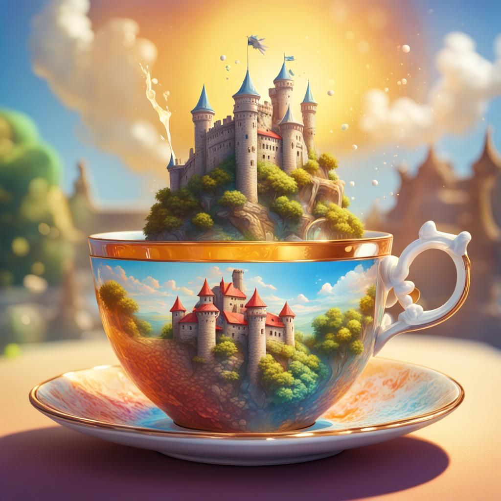 Castle in Teacup: Hyperrealistic Splash Art
