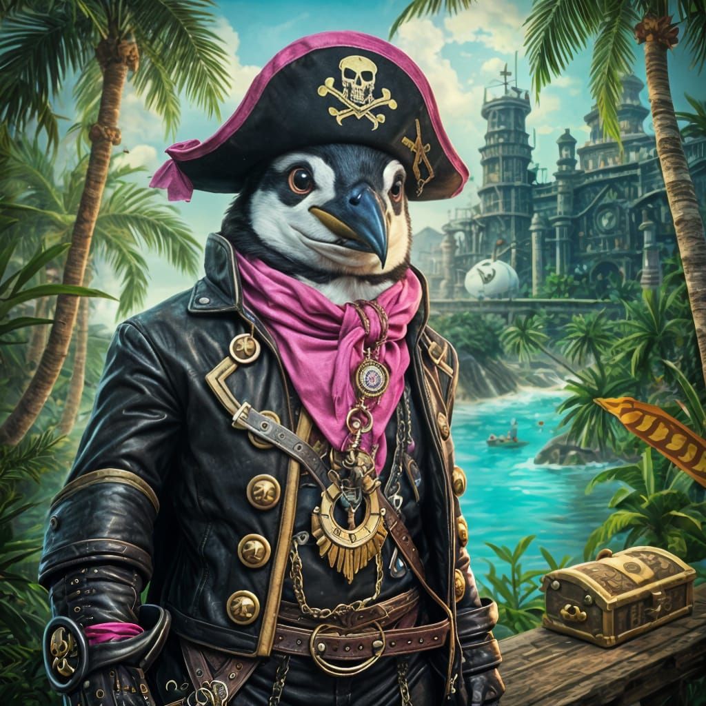 Steampunk Penguin Pirate with Neon Pink and Gold Hat