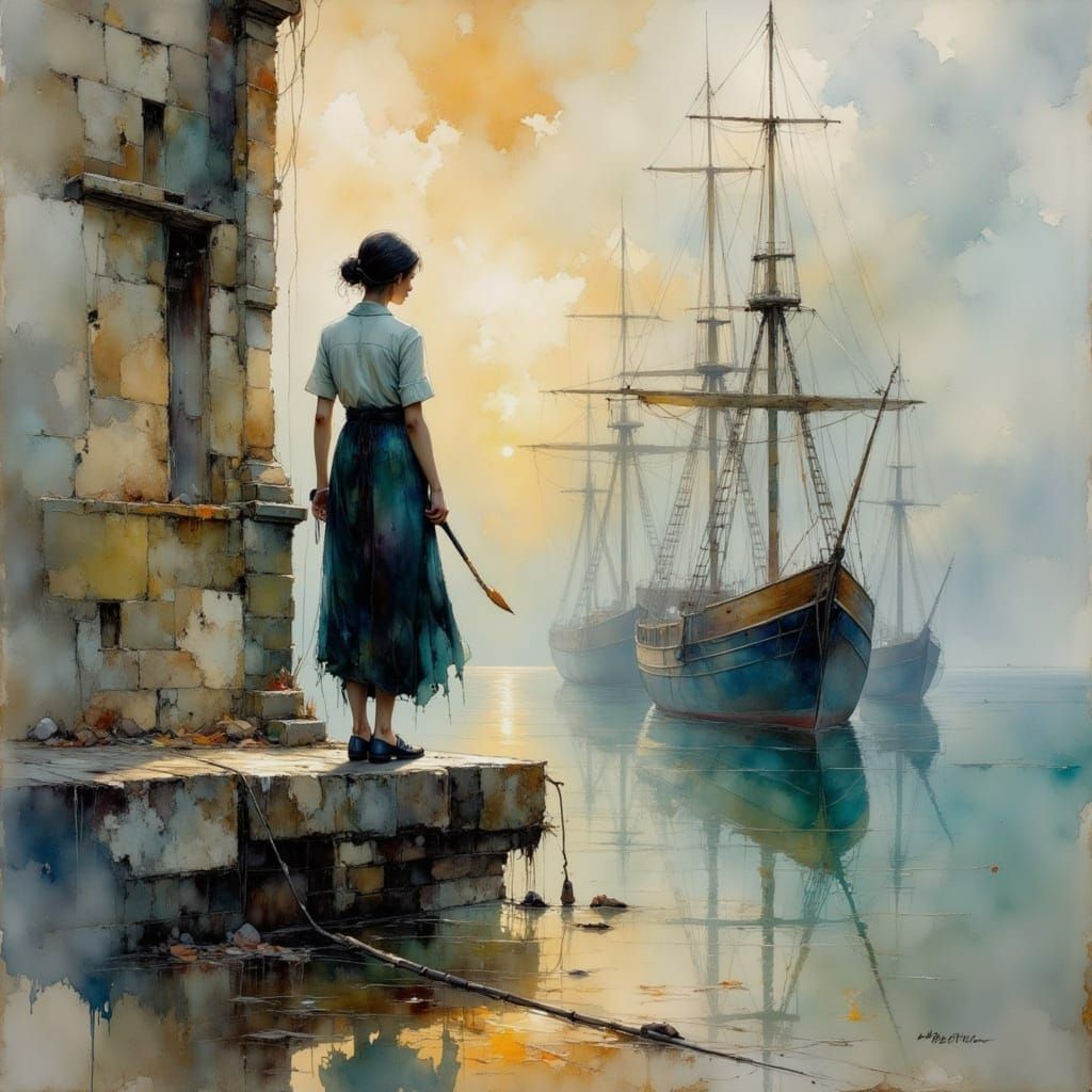 Abstract Ships in Deep Tone Watercolor Painting