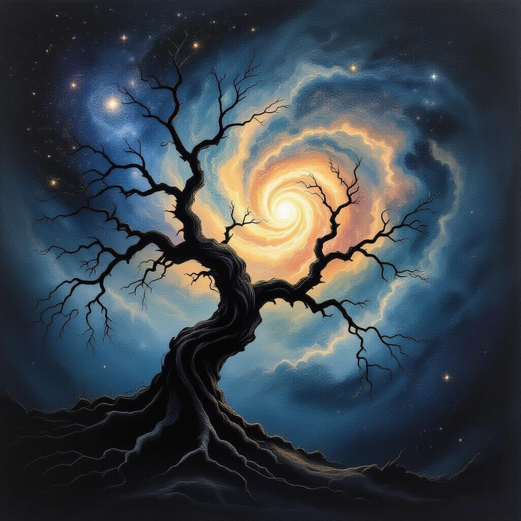 Ancient Tree Silhouette in Cosmic Nebula Charcoal Drawing