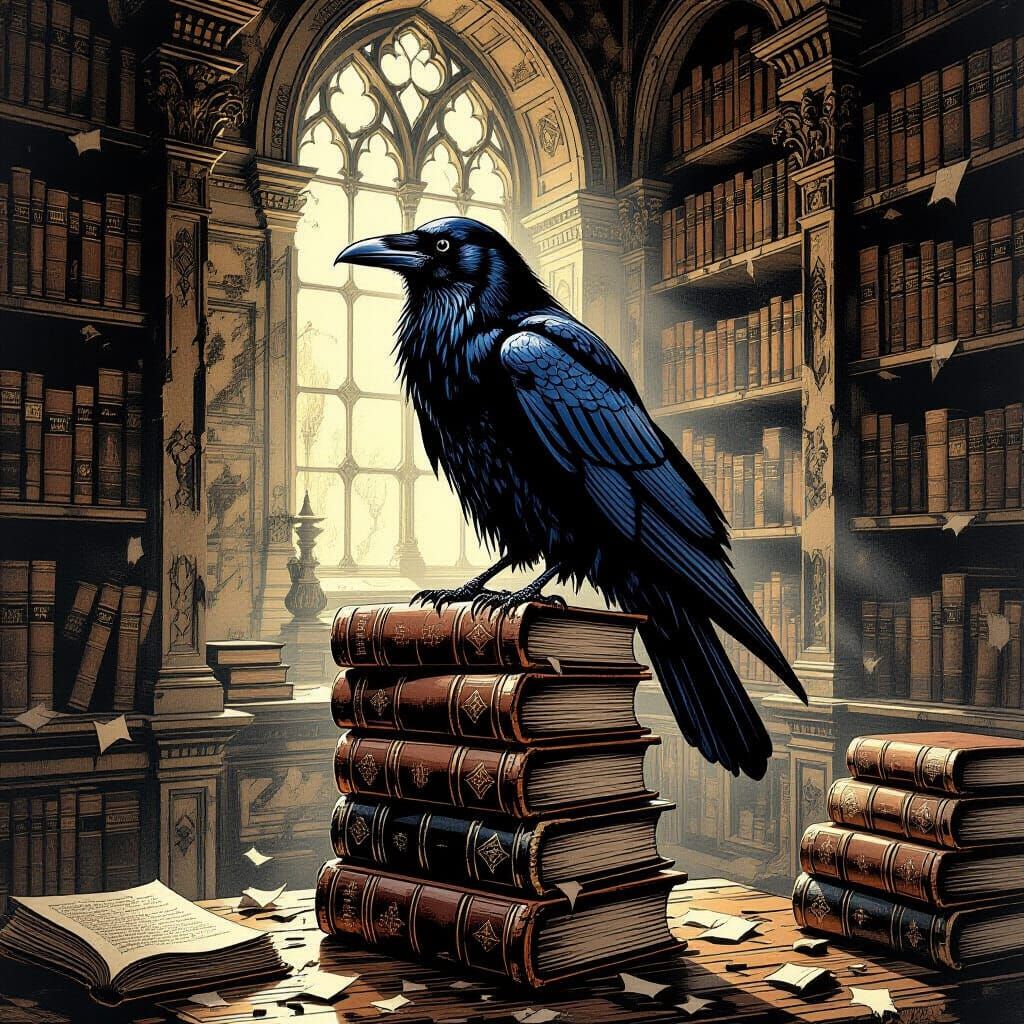 Raven in Opulent Study, Rembrandt Ink Drawing Style