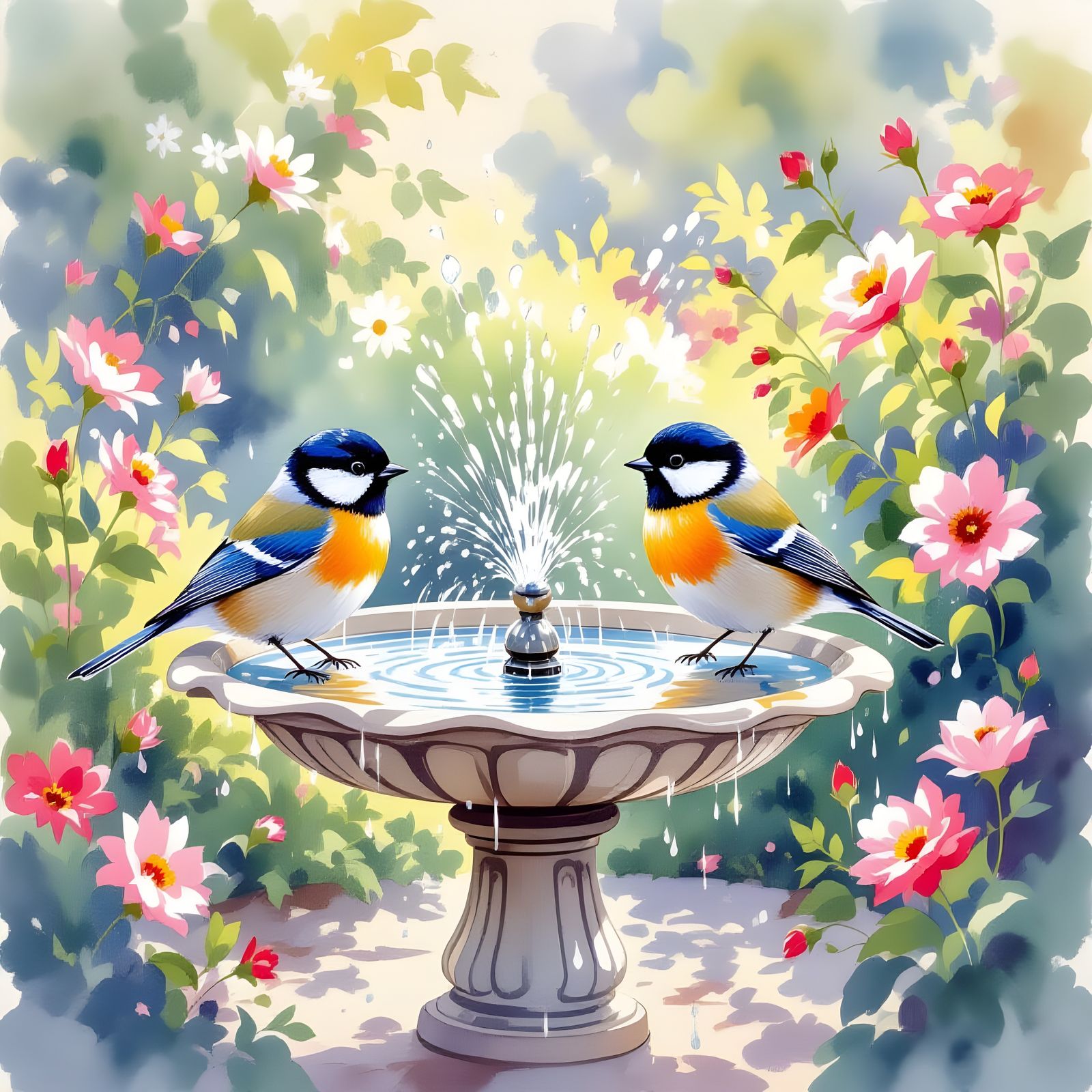 Impressionist Birds Enjoying Garden Water Spray