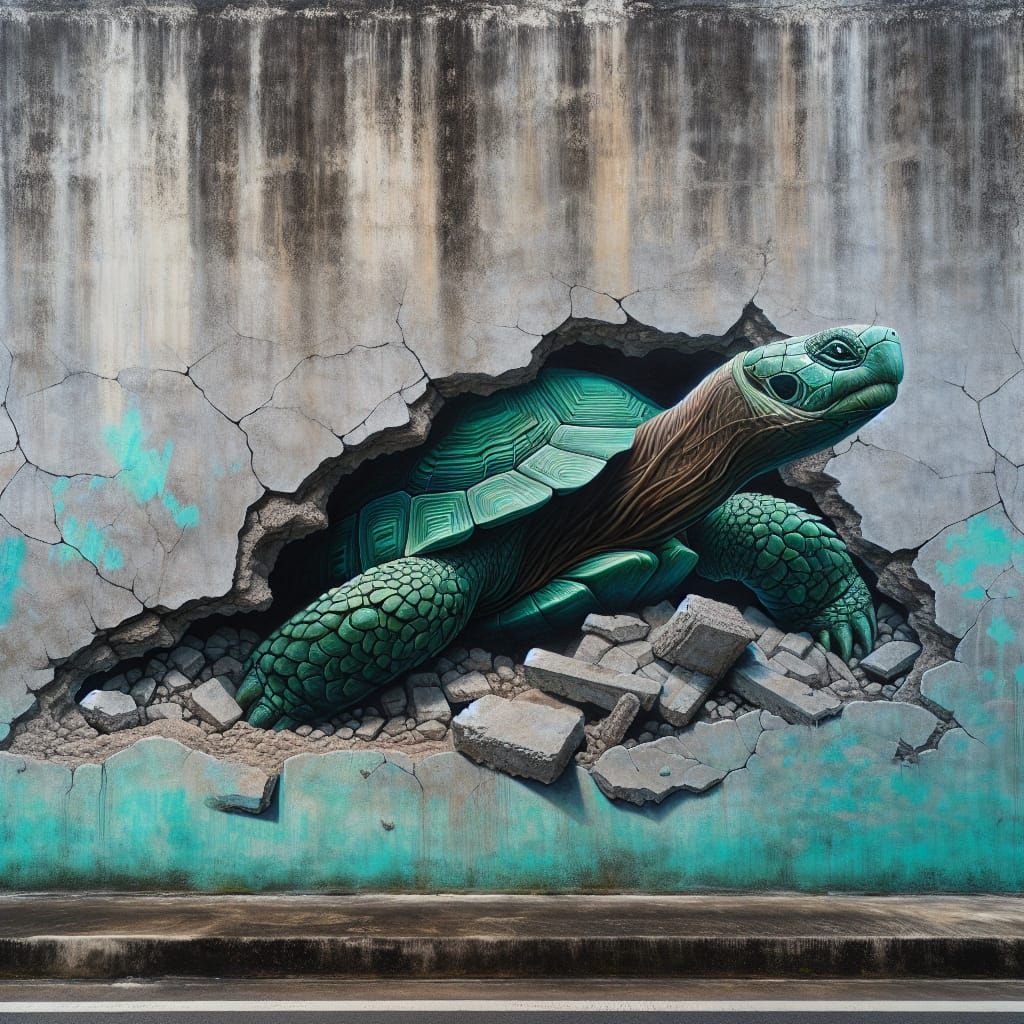 Resilient Tortoise Emerges from Concrete Street Art