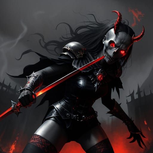Dark Fantasy Skull Warrior Fighting Demon Lady