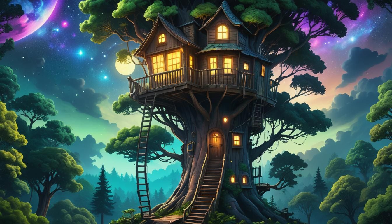 Cosmic Treehouse Haven: Cartoon Style Artstation Render