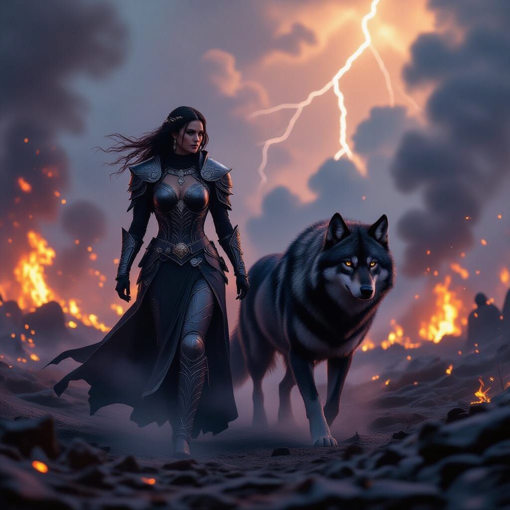 Epic Battlefield: Lady and Wolf in Fantasy Art Style