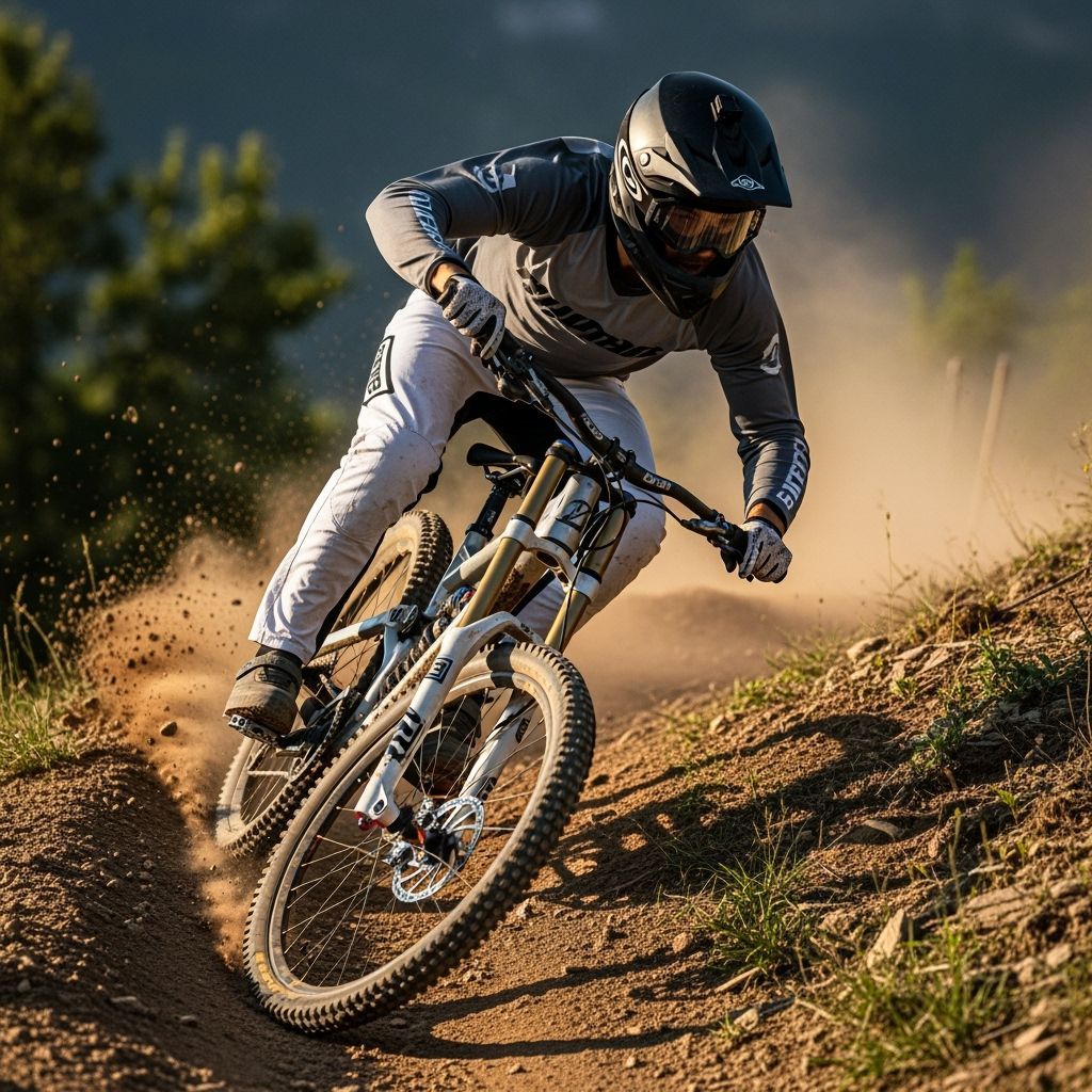 Dynamic Mountain Biker Racing Down Steep Rocky Trail