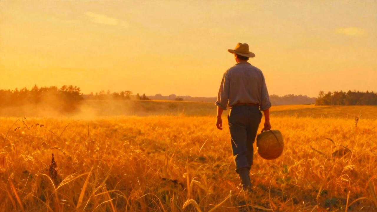 Farmer Walks Home in Golden Hour Field - Painterly Oil Paint...