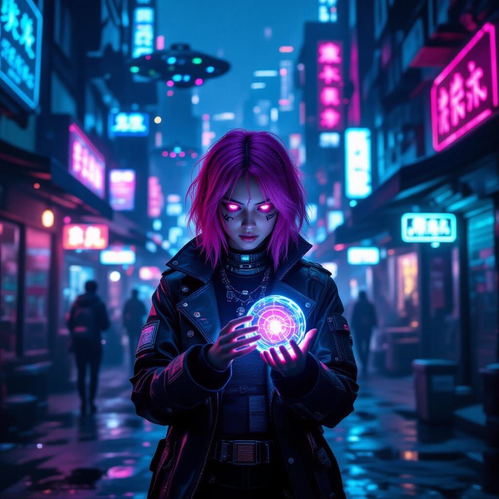 Cyberpunk Psychic Girl in Neon Marketplace