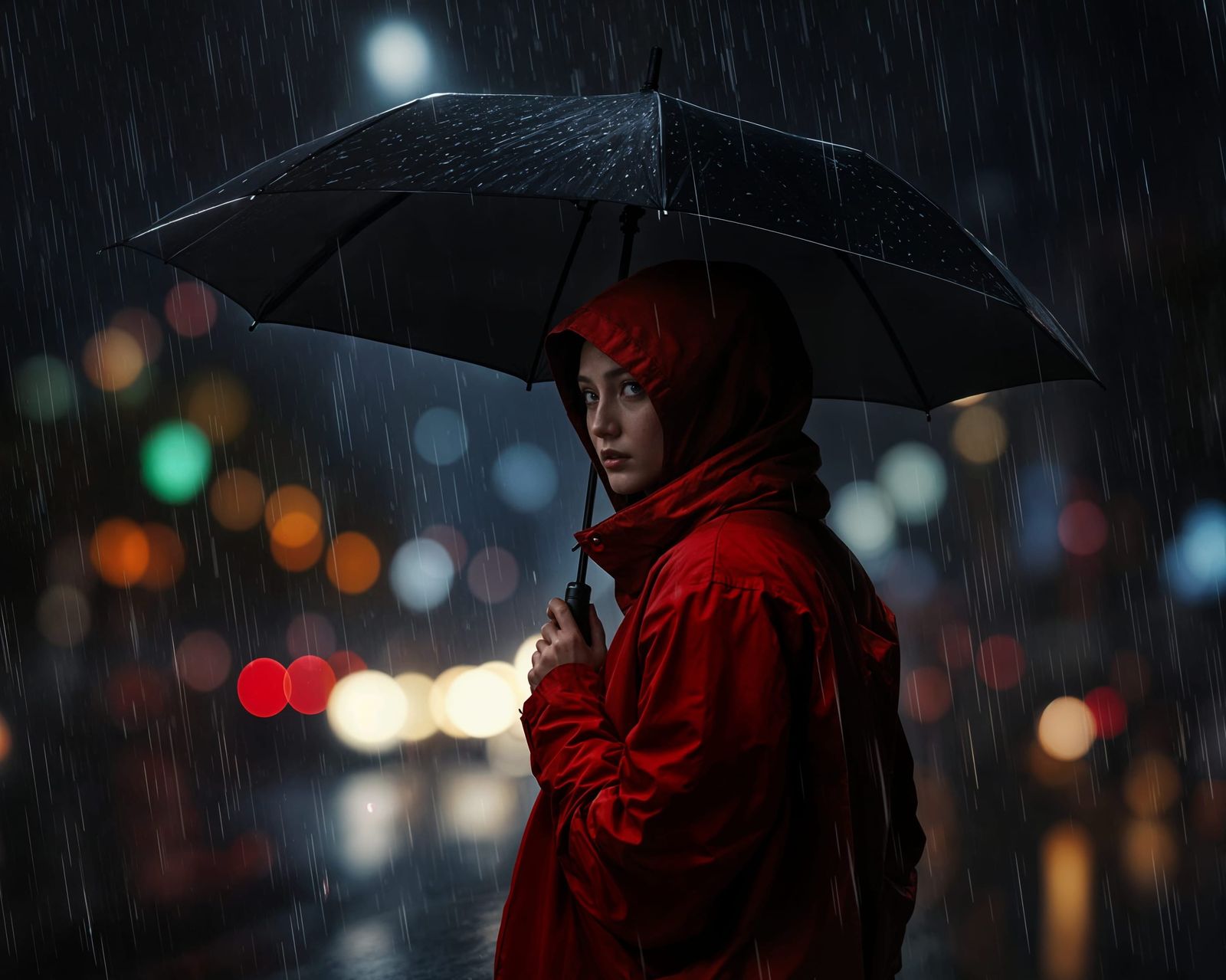 Mysterious Figure in Red Raincoat Stands Alone in Rainy City...