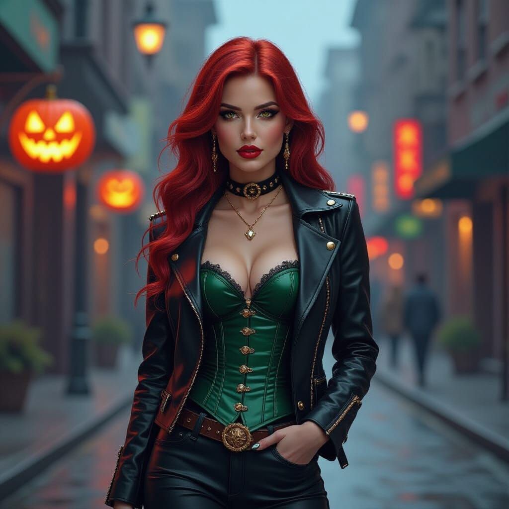 "Fiery autumn diva with long scarlet waves streaked in gold,...