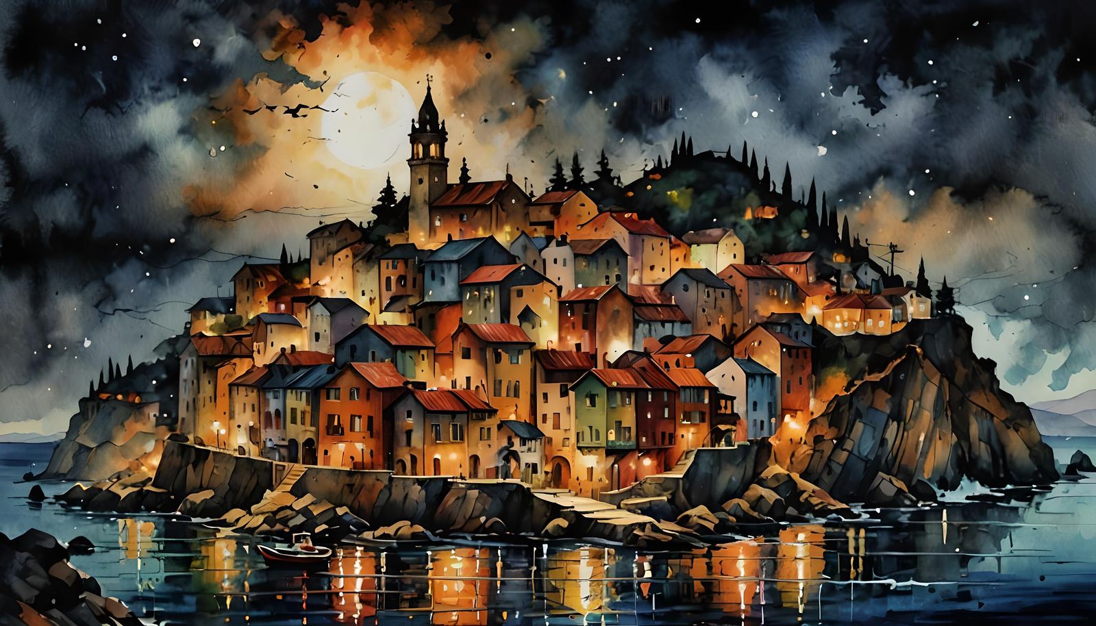 Evil Seaside Village: Macabre Watercolor Fantasy