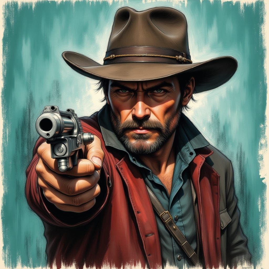 Gritty Cowboy Portrait with Silver Revolver