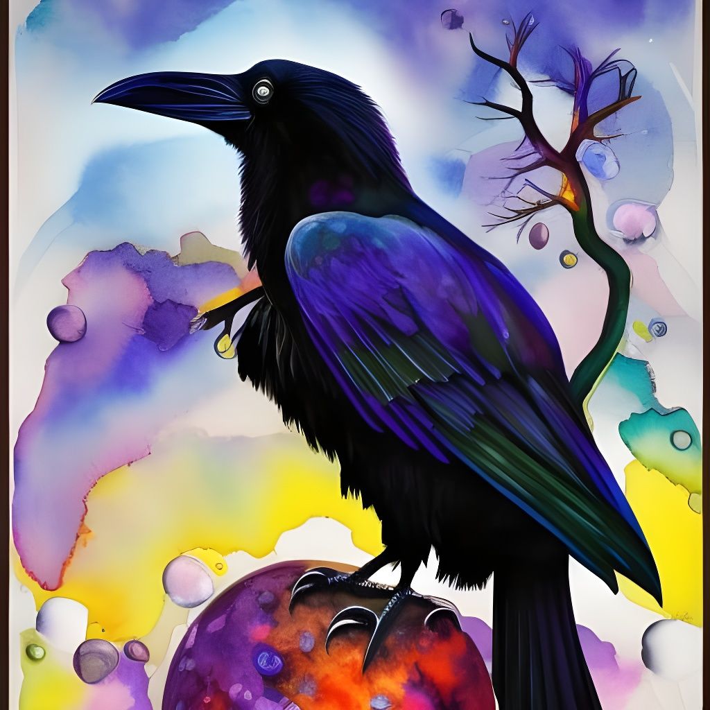 Surreal Raven Watercolor Painting in Moonscape