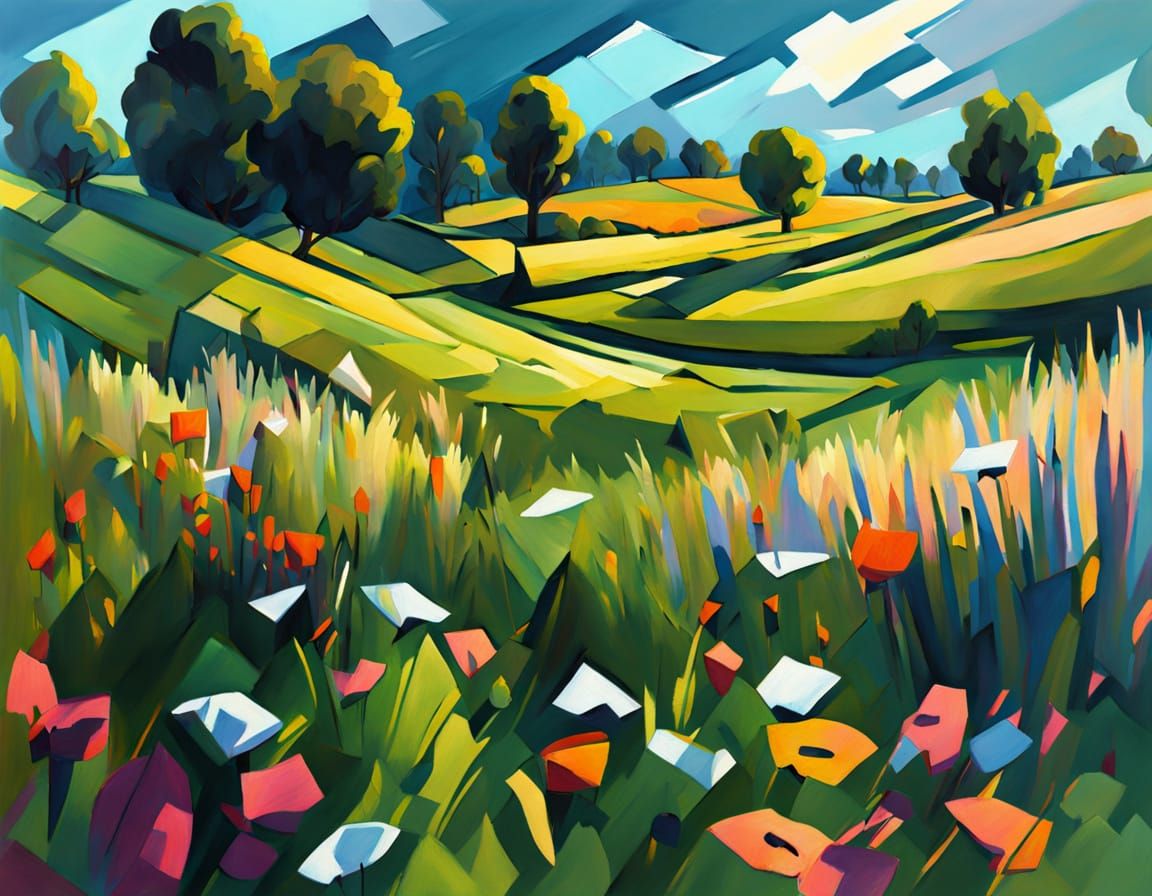 Vibrant Neo-Cubist Masterpiece of Flowers and Butterflies