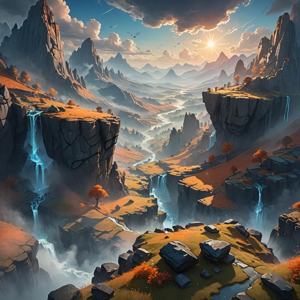 Floating Stone Valley in Stylized Fantasy Art