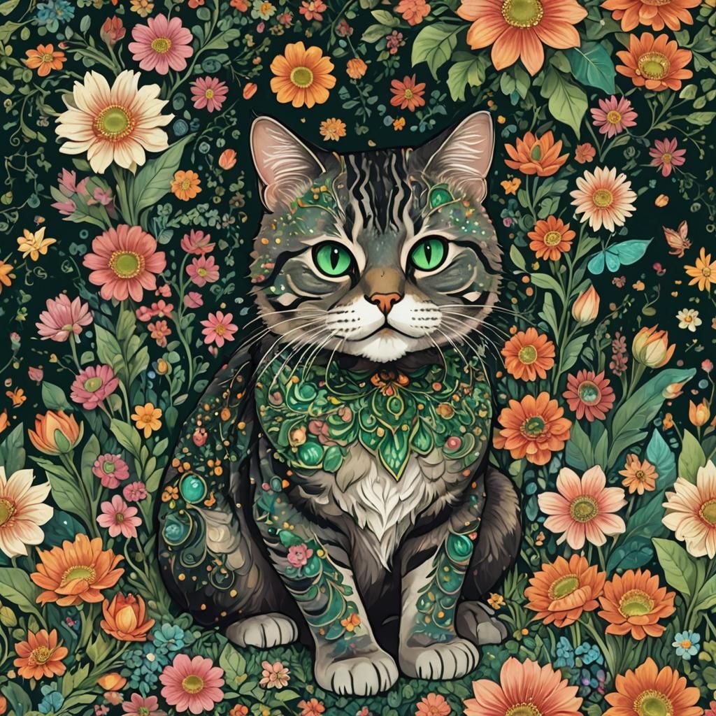 Ethereal Floral Tabby Cat in a Digital Painting
