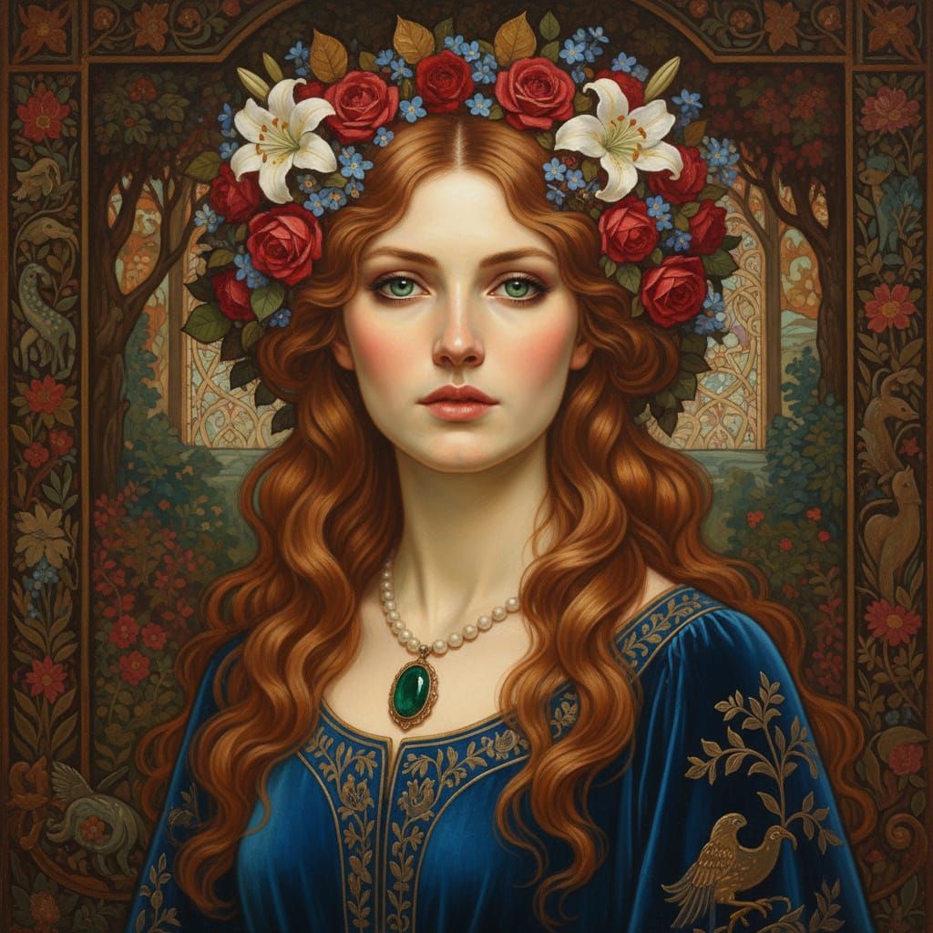 Pre-Raphaelite Portrait of a Woman with Emerald Eyes