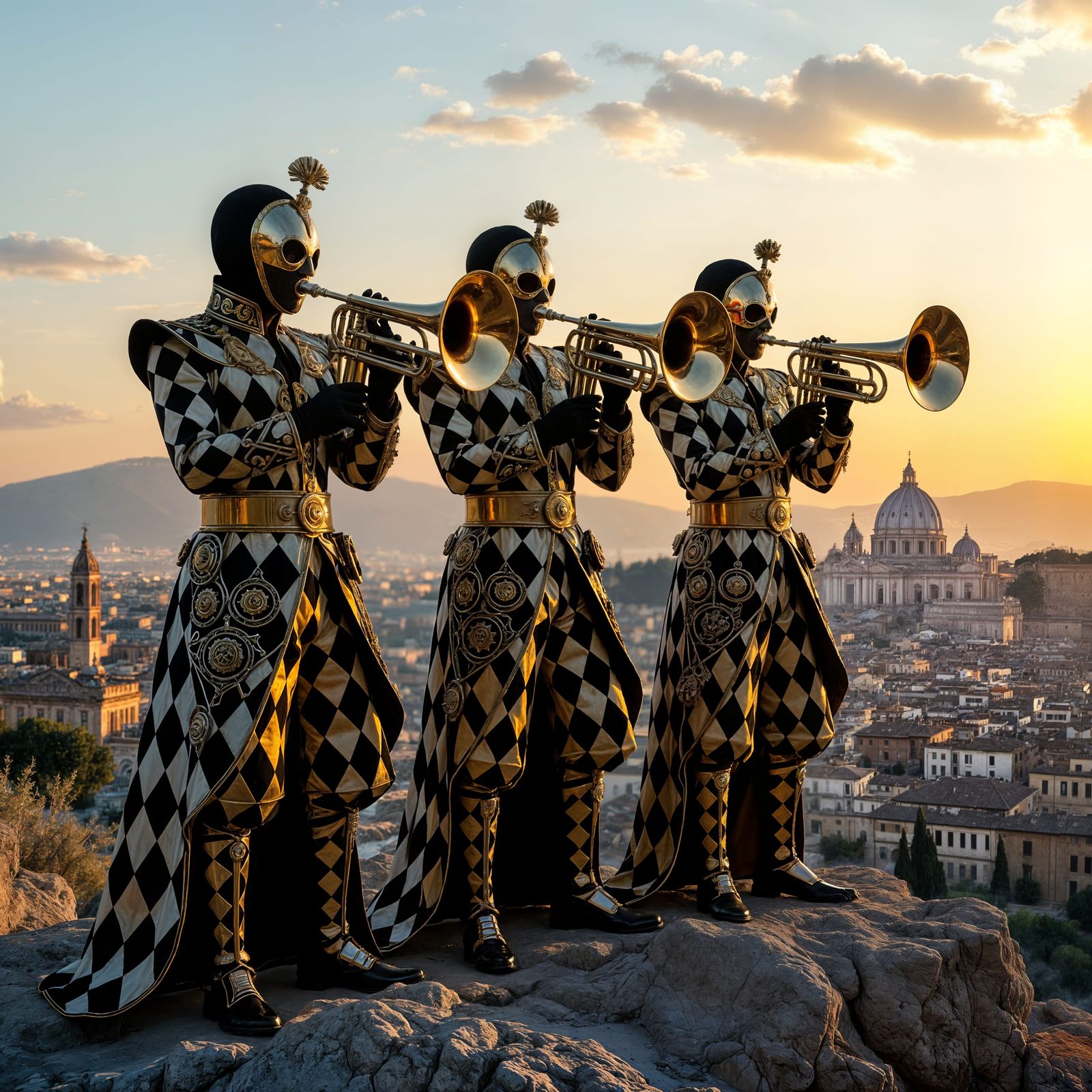 Harlequins Play Surreal Brass Instruments Over Rome at Sunse...