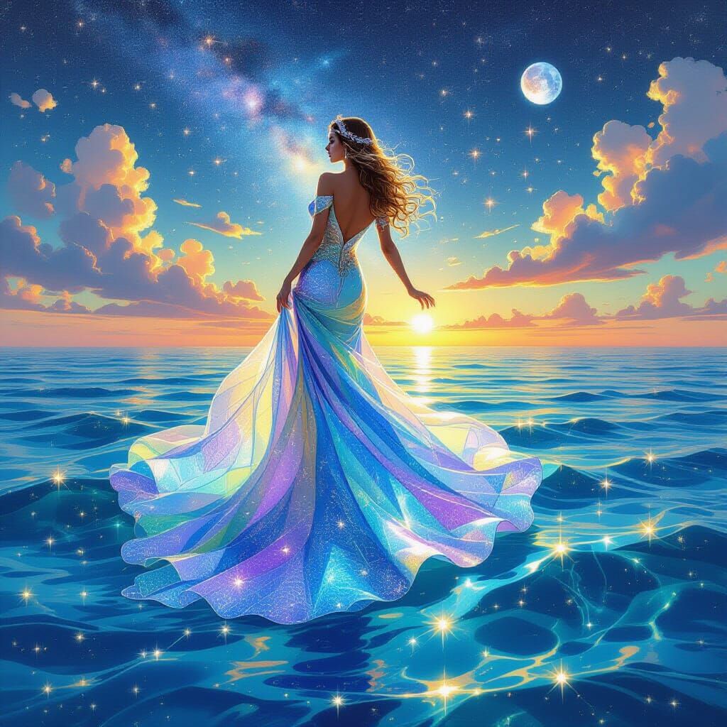 Stardust Goddess Floating Above Crystal Ocean: Surreal Digit...