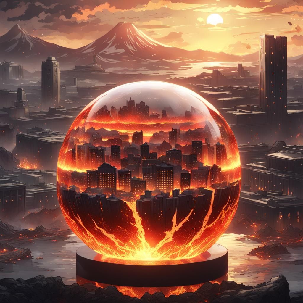 Fiery City Inside Glass Orb: 3D Anime Art