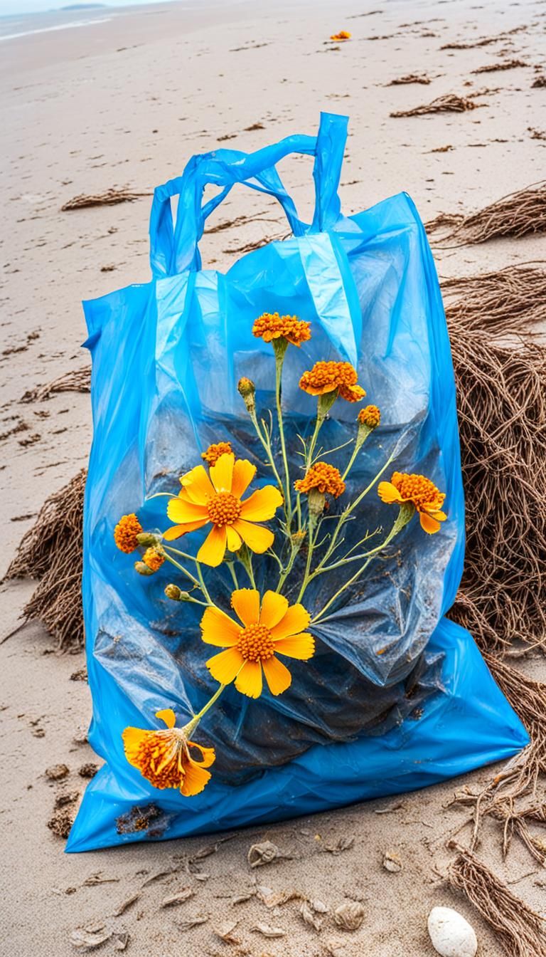 Rotten Marigolds in Plastic Bag on Beach