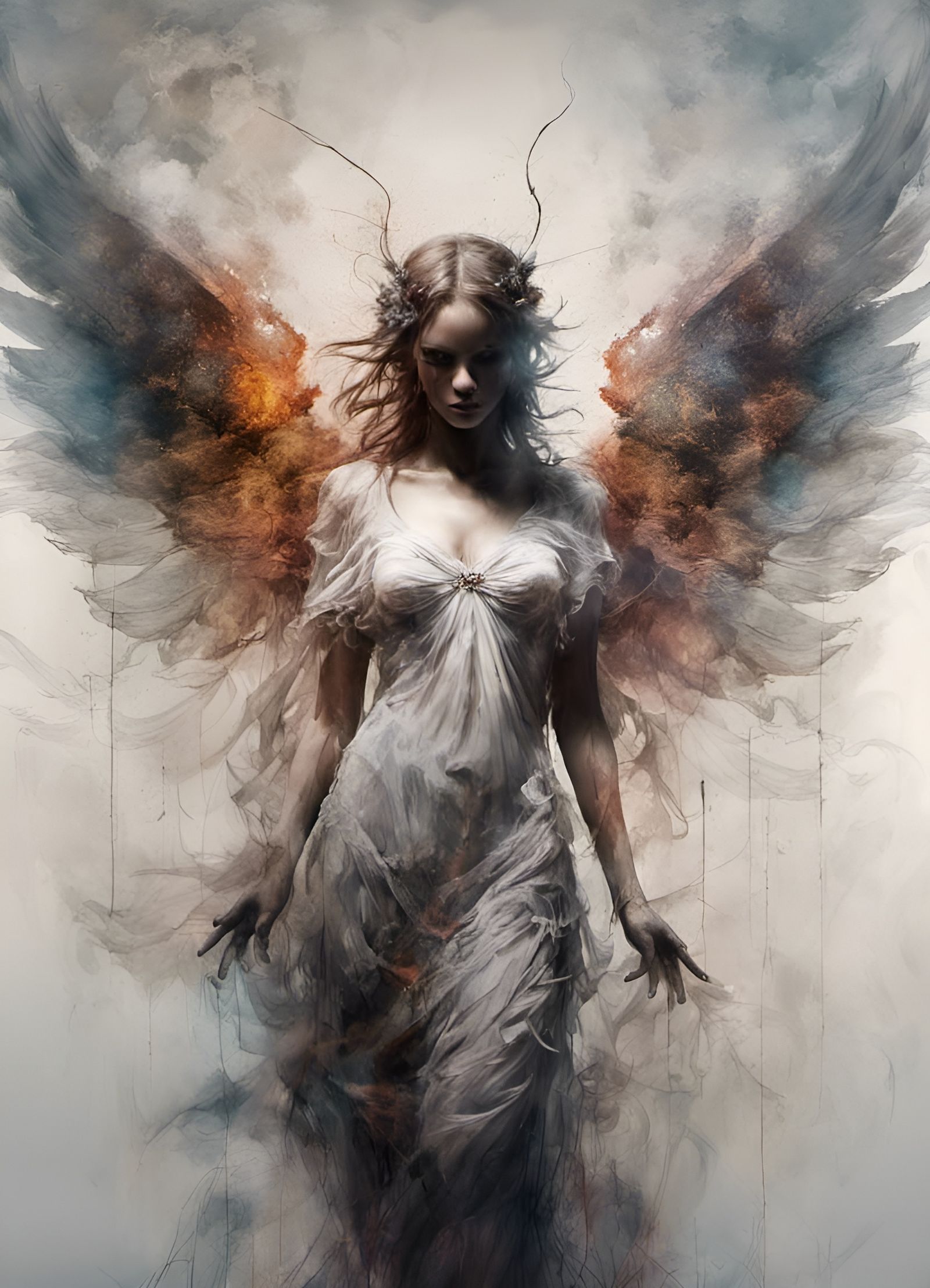 Ethereal Angel Silhouette with Wings, Digital Oil Painting