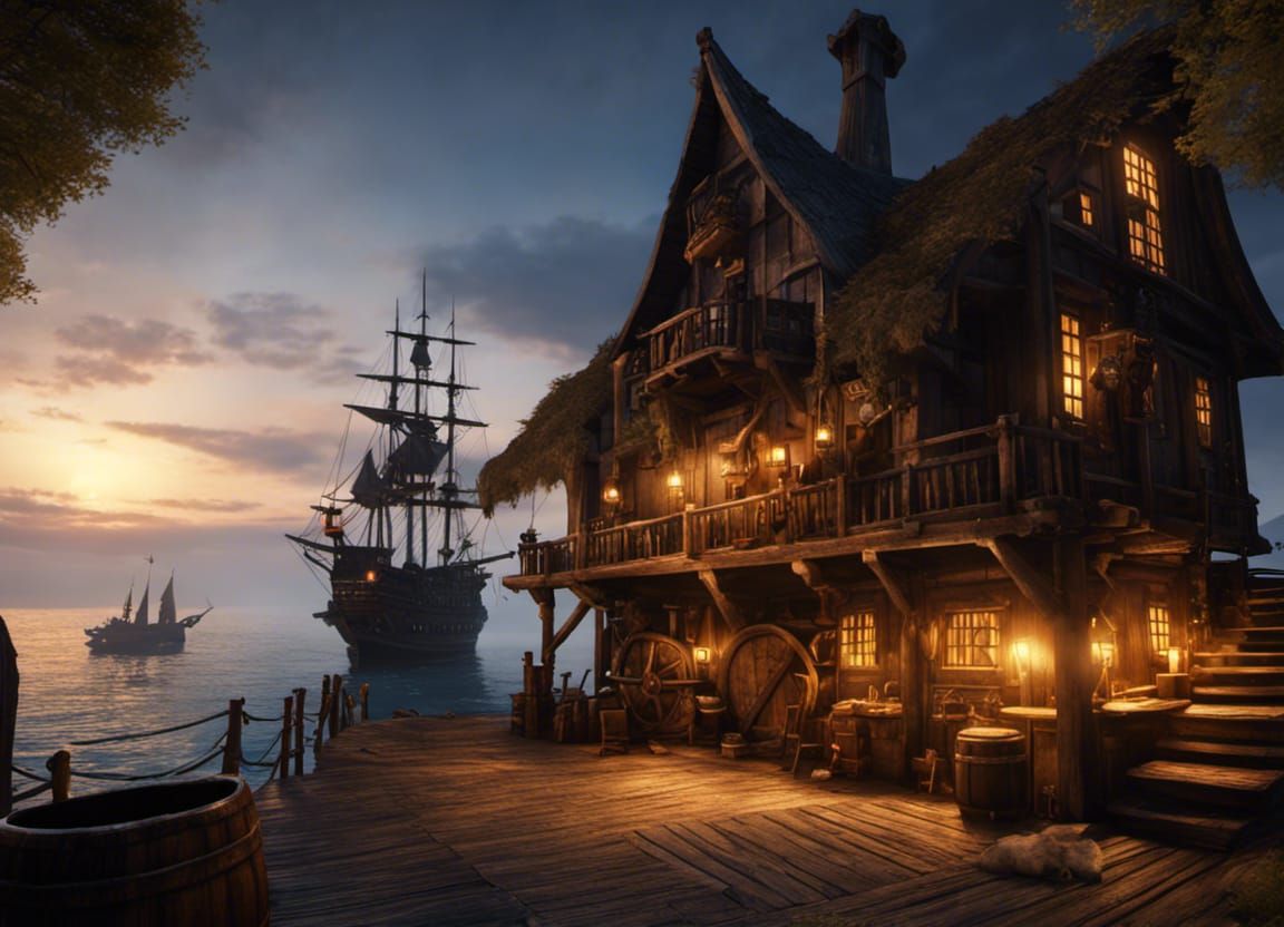 Rustic Pirate Tavern by Docks, Dramatic Lighting