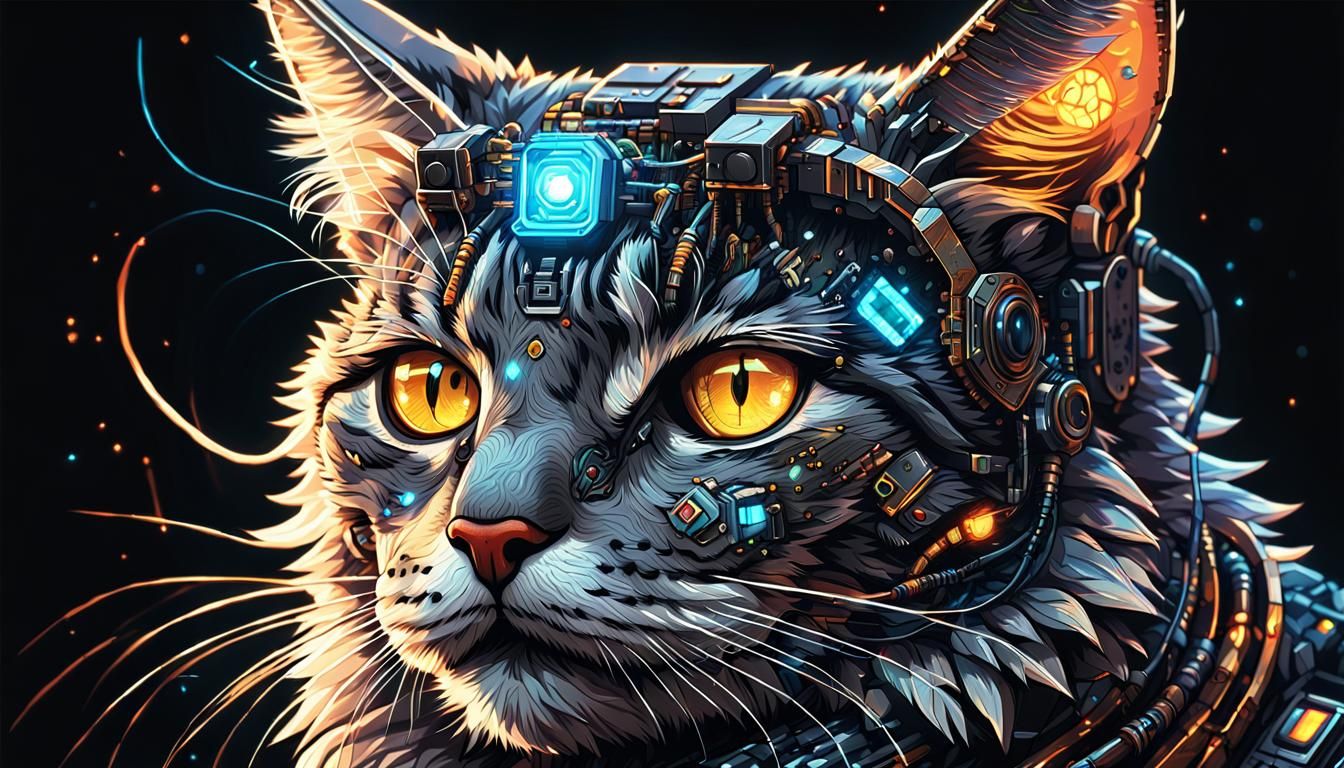 Cyberpunk Anime Cat Portrait in 8-Bit Pixel Art