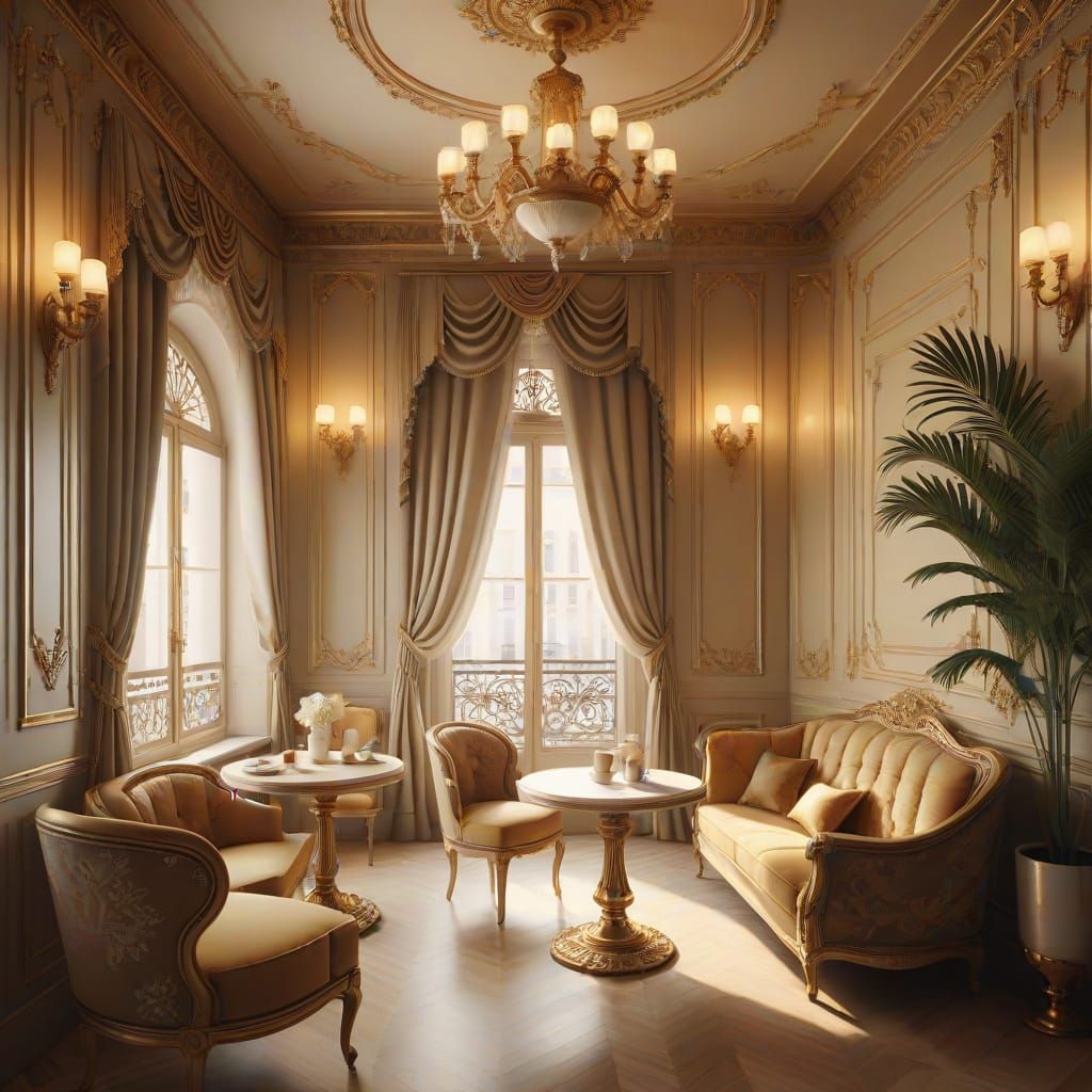 Luxurious French Art Deco Café Scene with Warm Golden Lighti...