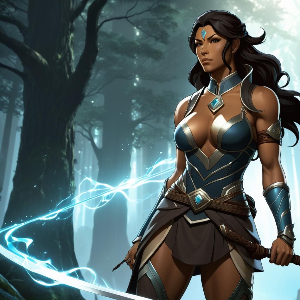 Voluptuous Avatar Korra in Mystical Forest, Art Nouveau