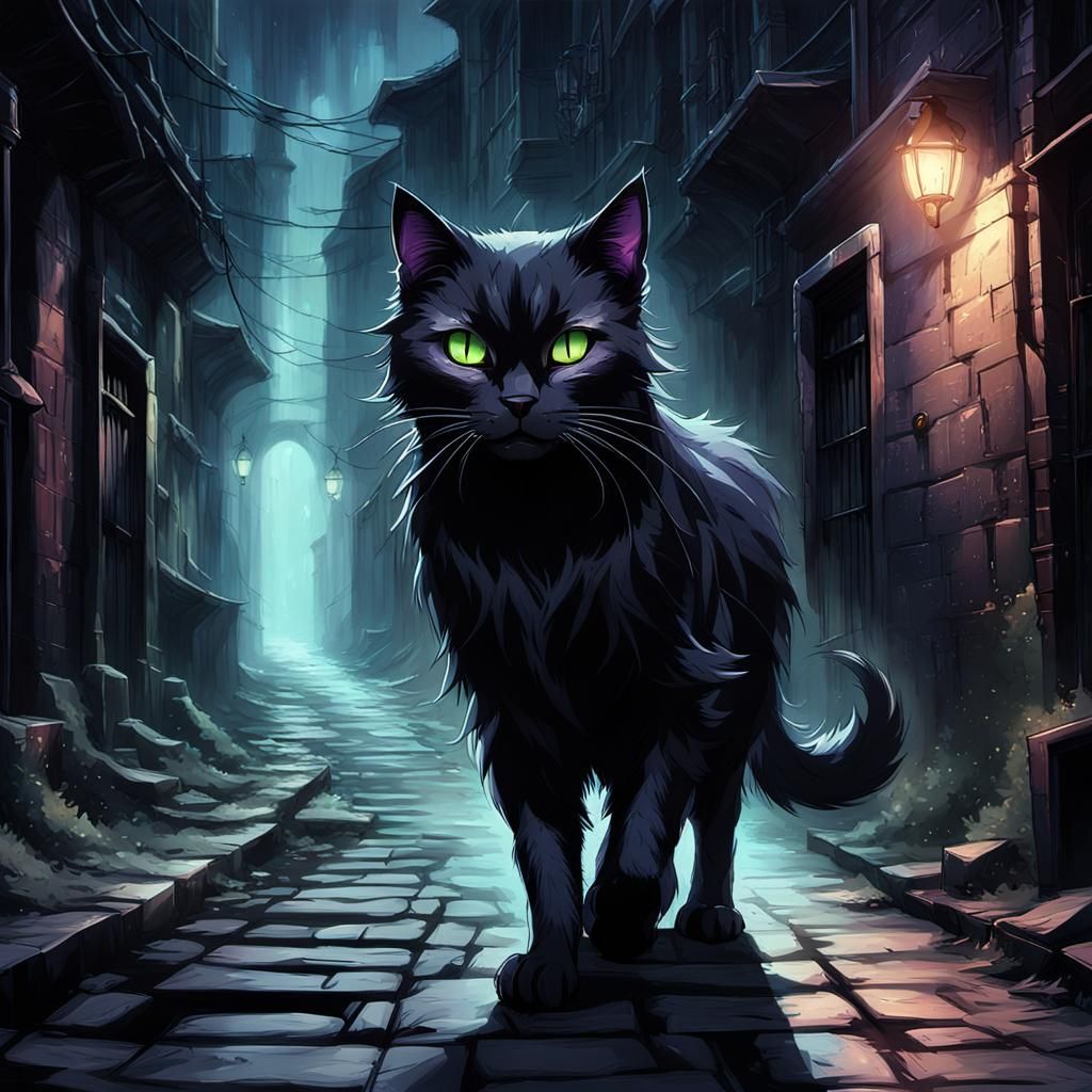 Eerie Black Cat in Abandoned Alleyway: Dark Fantasy Anime