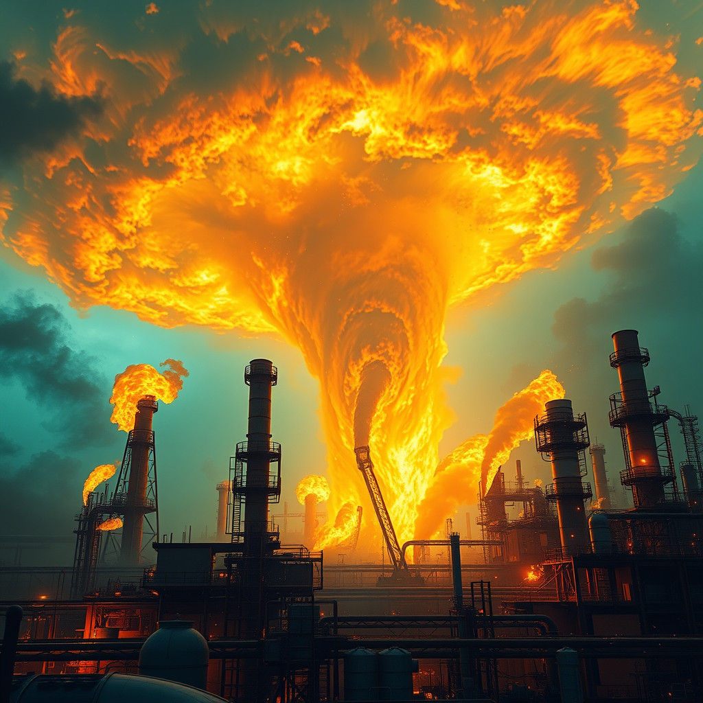 Inferno Tornado Consumes Burning Refinery