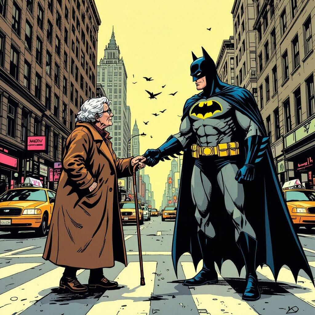 Batman Helps Elderly Woman in Comic Book Illustration