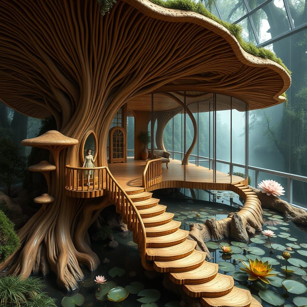 Mushroom Abode with Mycelium Staircase and Glass Waterfront