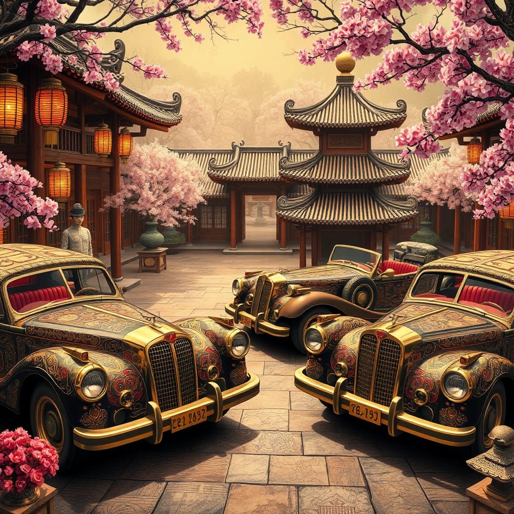 Classic Cars in Ancient Chinese Courtyards, Psychedelic Styl...