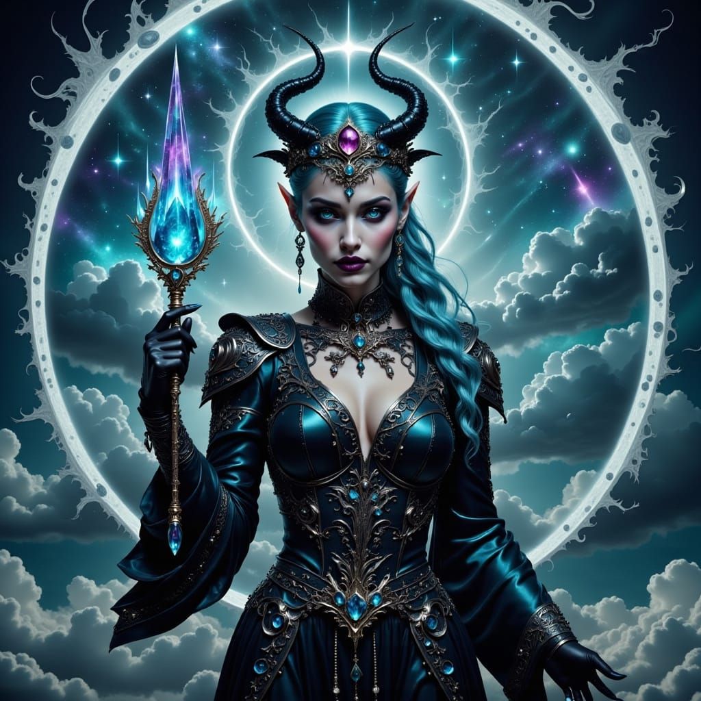 Dark Elf Sorceress Casts Spell in Vibrant Celestial Scene