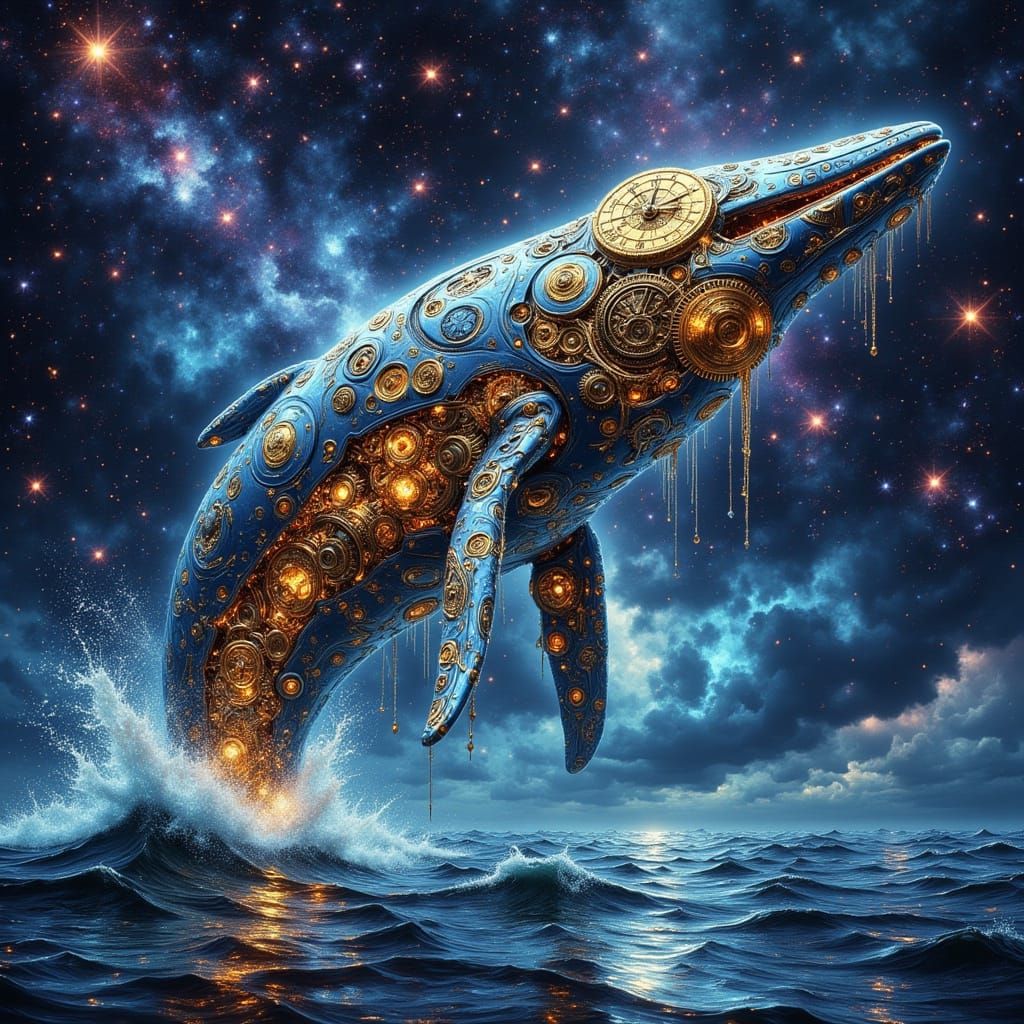 Clockwork Whale Breaches Cosmic Sea in Sci-Fi Steampunk Styl...