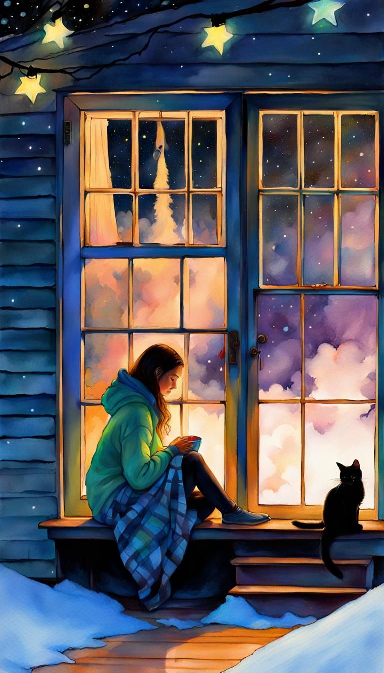 Ethereal Girl with Kittens on Apartment Porch