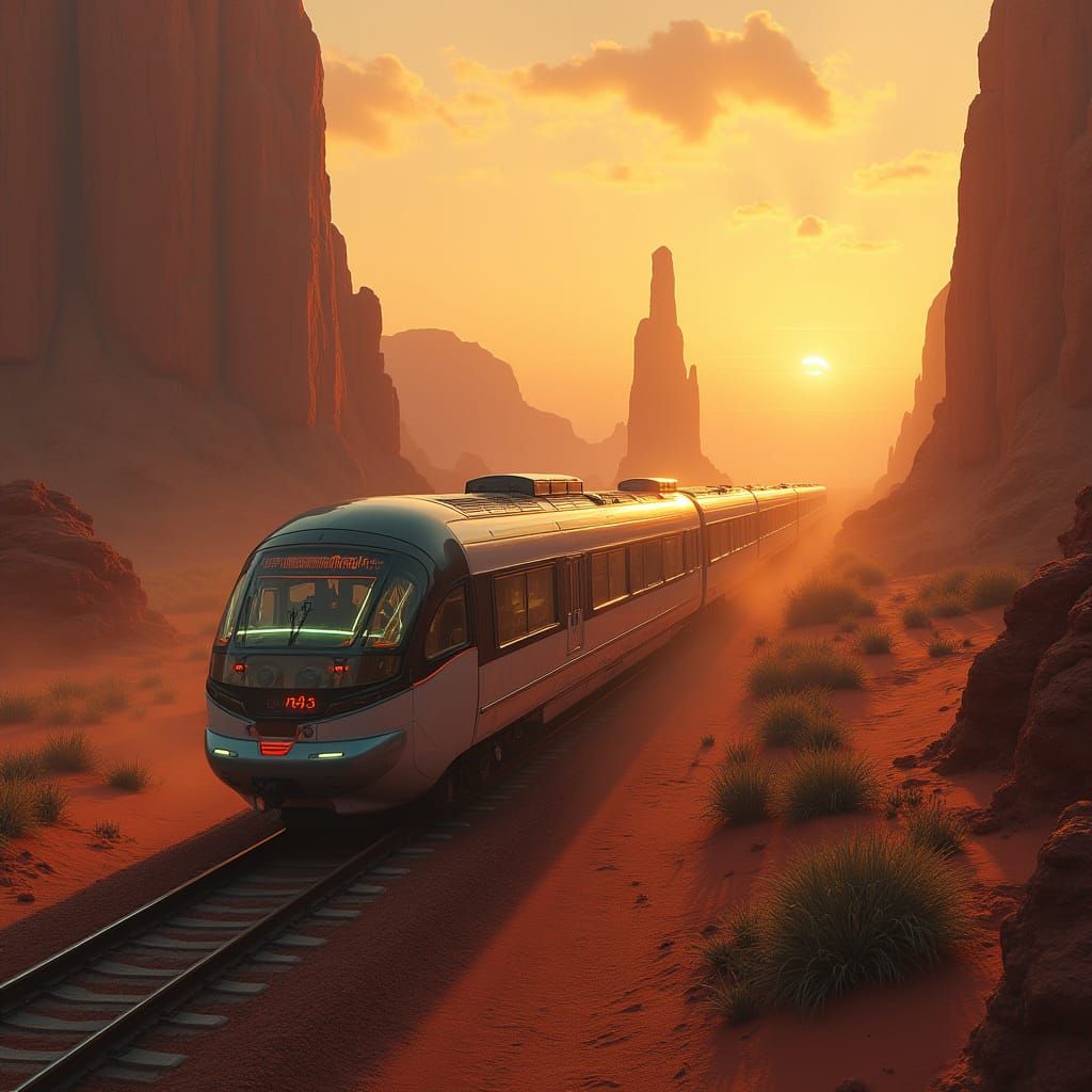 Envision a sleek, futuristic train with glowing neon accents...