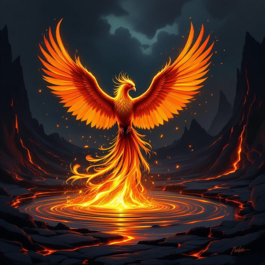 Majestic Phoenix Rises From Molten Gold in Epic Fantasy Art