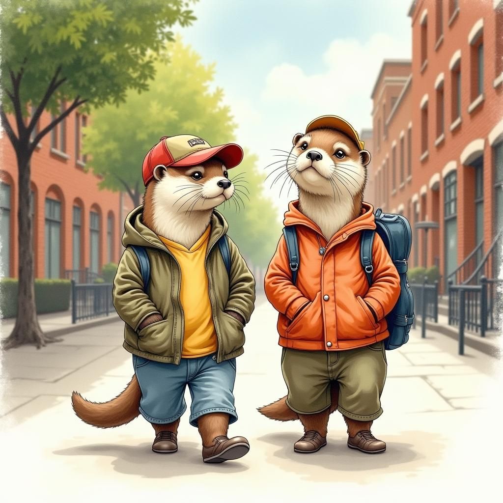 Otters Walking in a Watercolor Cityscape
