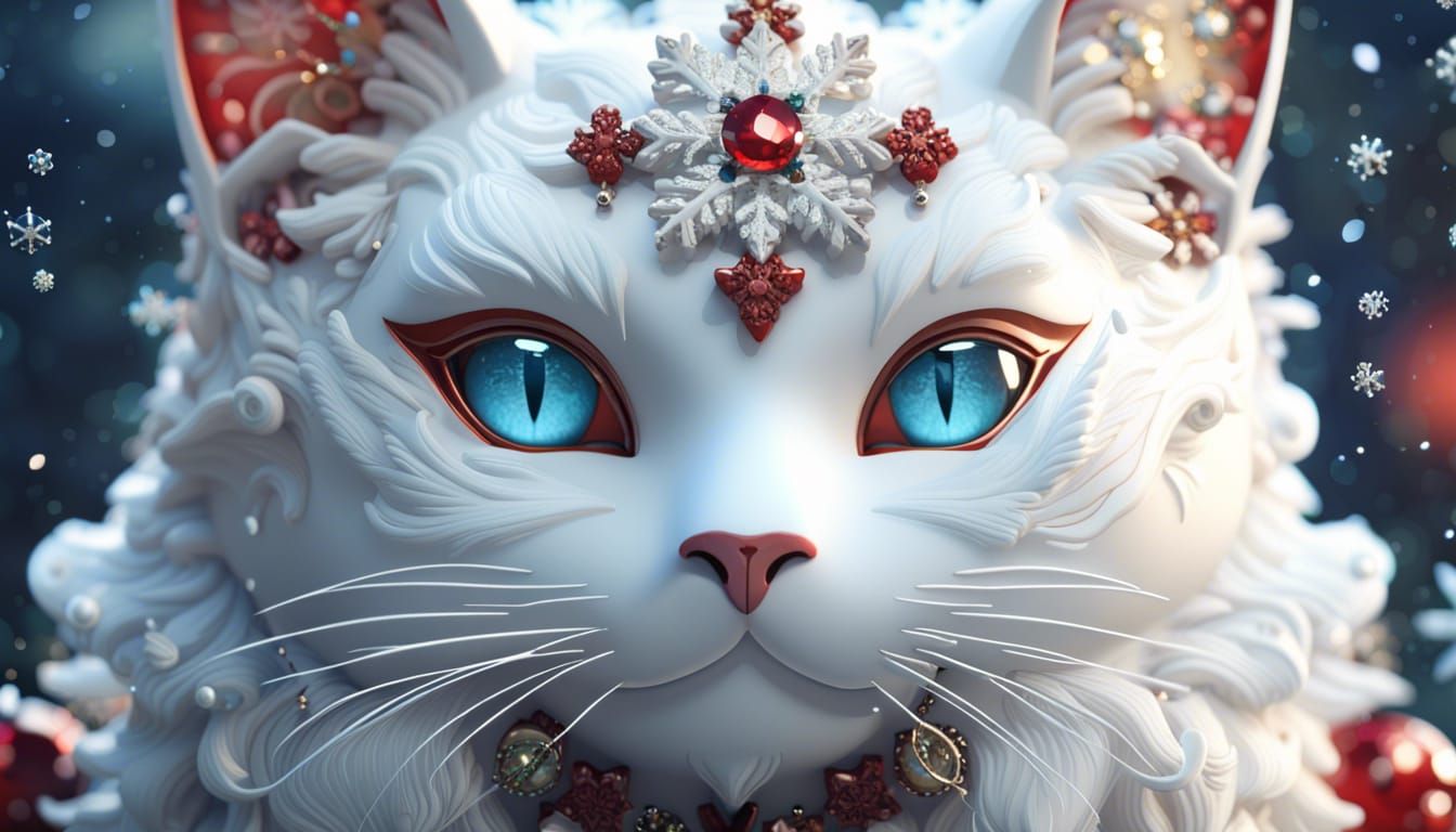 white lace cat with forehead jewels christmas snowflakes detailed matte painting, deep color, fantastical, intricate det...