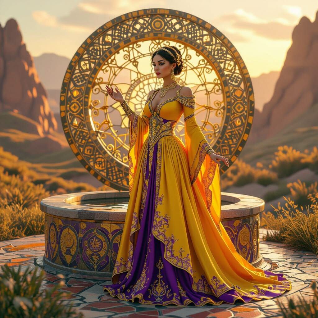 Futuristic Woman at Mystical Wishing Well in Klimt Style