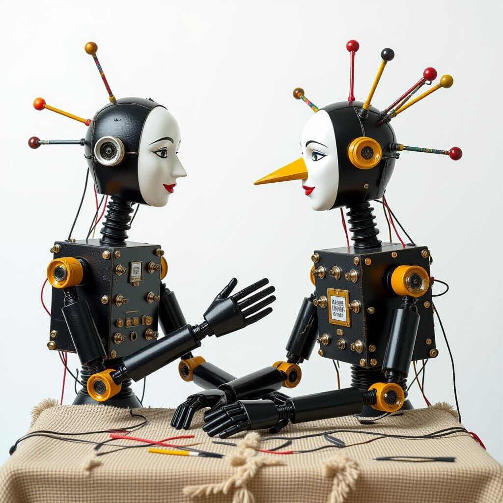 Crimson Marionette Seagull Couple Embracing with Gold Accent...