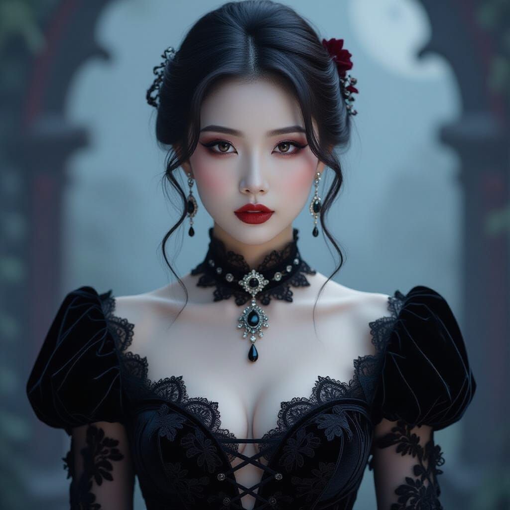 Gothic Dreamscape: Asian Woman in Black Lace Gown
