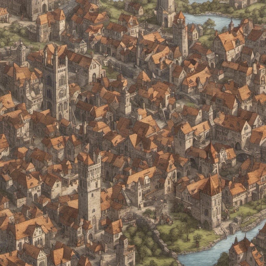 Medieval American City: Detailed Architectural Rendering