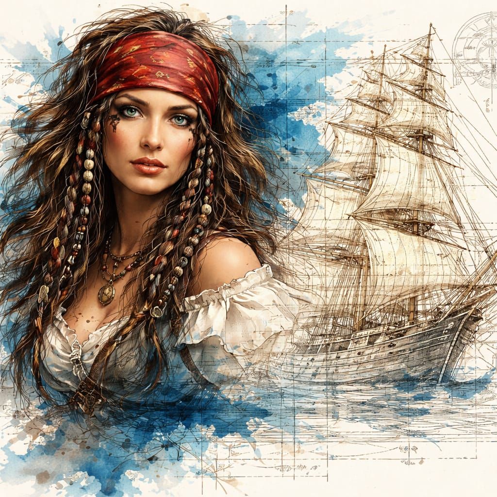 Pirate Woman Portrait with Blueprint Ship Sketch